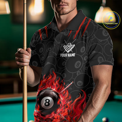 Custom Fire Flame 8 Ball Pool Billiard Shirt For Men, Red Flames Billiard Team Shirts NYN4252