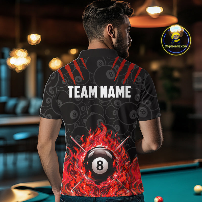 Custom Fire Flame 8 Ball Pool Billiard Shirt For Men, Red Flames Billiard Team Shirts NYN4252