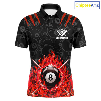 Custom Fire Flame 8 Ball Pool Billiard Shirt For Men, Red Flames Billiard Team Shirts NYN4252