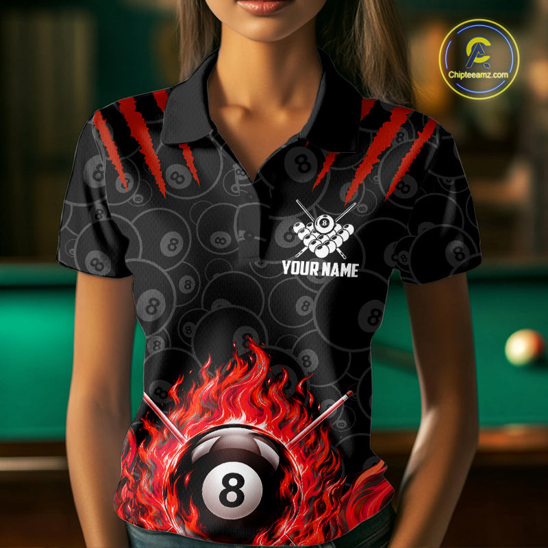 Custom Fire Flame 8 Ball Pool Billiard Shirt For Women, Red Flames Billiard Team Shirts NYN4252