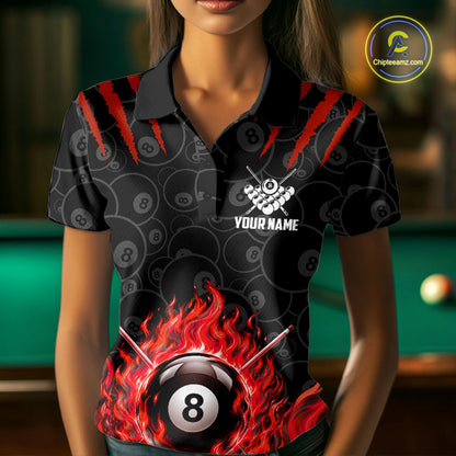 Custom Fire Flame 8 Ball Pool Billiard Shirt For Women, Red Flames Billiard Team Shirts NYN4252