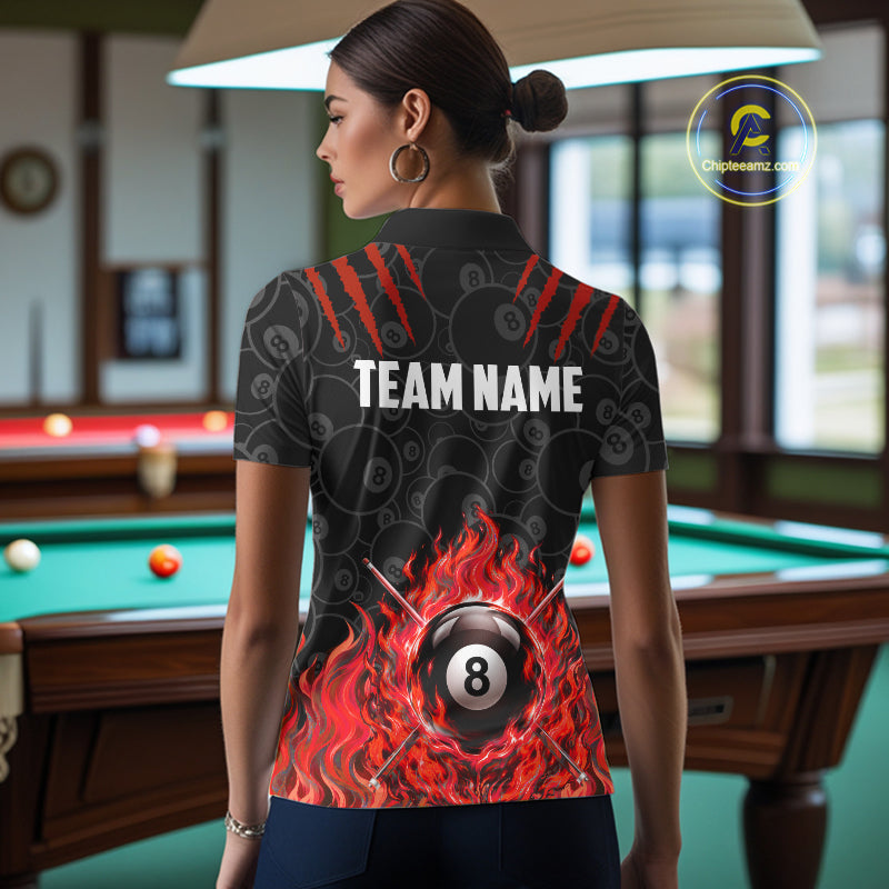 Custom Fire Flame 8 Ball Pool Billiard Shirt For Women, Red Flames Billiard Team Shirts NYN4252