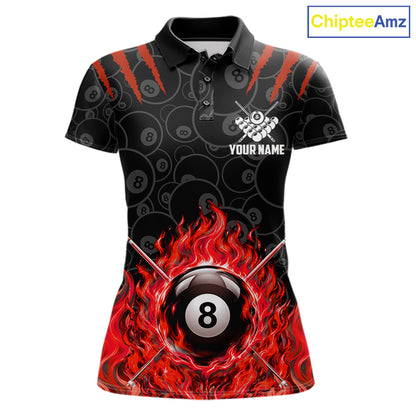 Custom Fire Flame 8 Ball Pool Billiard Shirt For Women, Red Flames Billiard Team Shirts NYN4252
