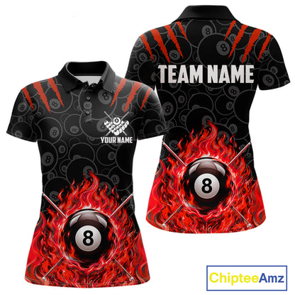 Custom Fire Flame 8 Ball Pool Billiard Shirt For Women, Red Flames Billiard Team Shirts NYN4252