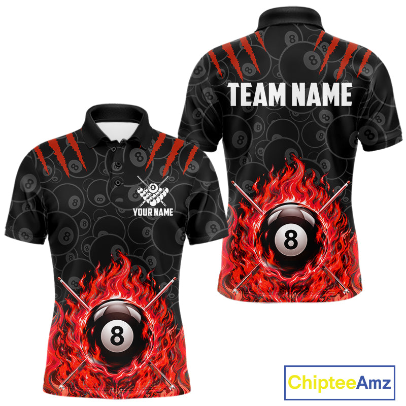 Custom Fire Flame 8 Ball Pool Billiard Shirt For Men, Red Flames Billiard Team Shirts NYN4252
