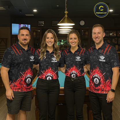 Custom Fire Flame 8 Ball Pool Billiard Shirt For Men, Red Flames Billiard Team Shirts NYN4252