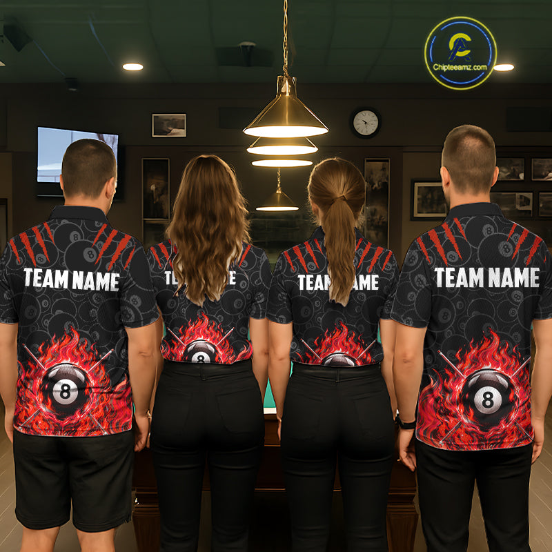 Custom Fire Flame 8 Ball Pool Billiard Shirt For Men, Red Flames Billiard Team Shirts NYN4252