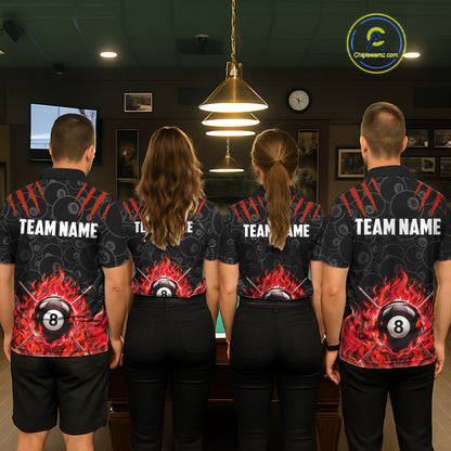 Custom Fire Flame 8 Ball Pool Billiard Shirt For Men, Red Flames Billiard Team Shirts NYN4252