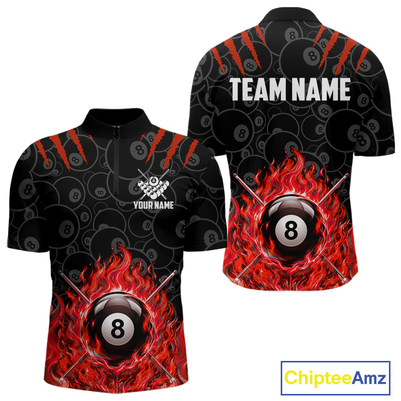 Custom Fire Flame 8 Ball Pool Billiard Shirt For Men, Red Flames Billiard Team Shirts NYN4252