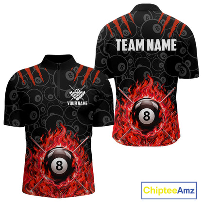 Custom Fire Flame 8 Ball Pool Billiard Shirt For Men, Red Flames Billiard Team Shirts NYN4252