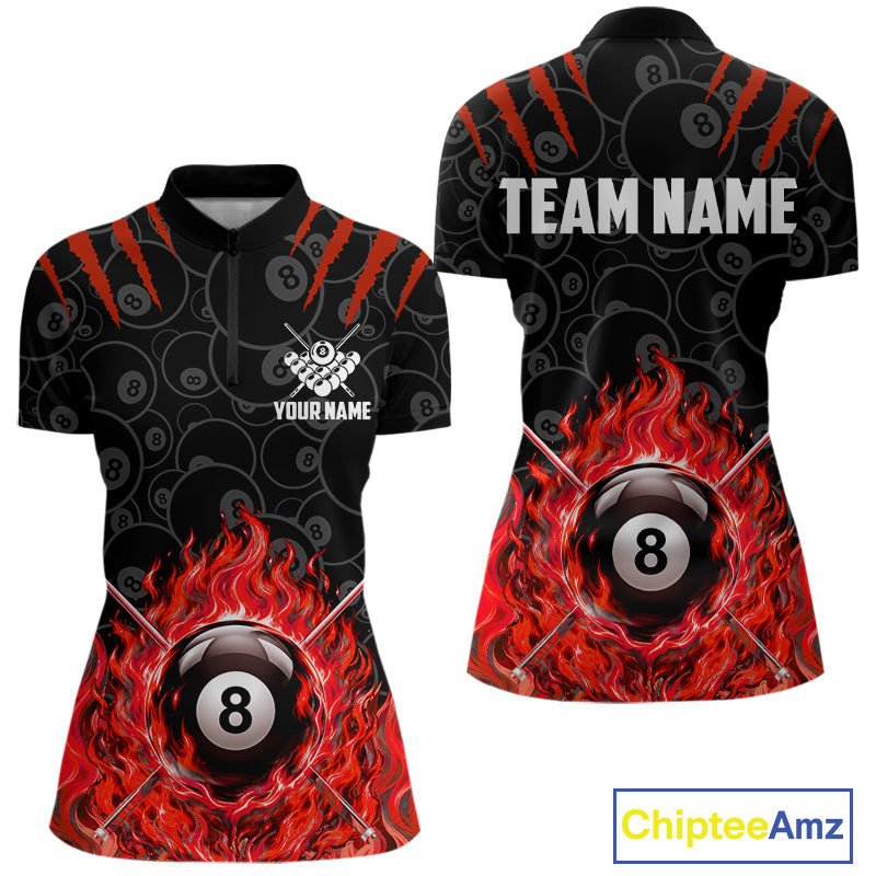 Custom Fire Flame 8 Ball Pool Billiard Shirt For Women, Red Flames Billiard Team Shirts NYN4252