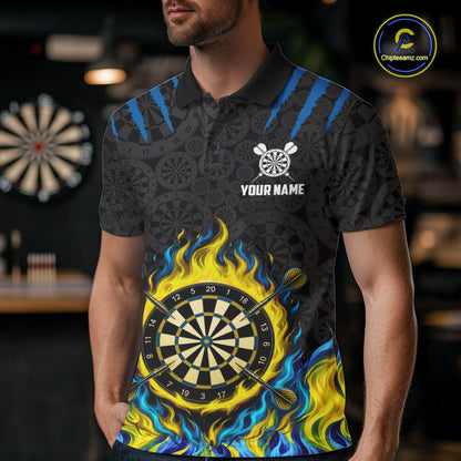 Custom Fire Flame Dartboard Darts Polo 1/4-Zip Shirt For Men Blue & Yellow Flames Darts Team Jersey NYN4253