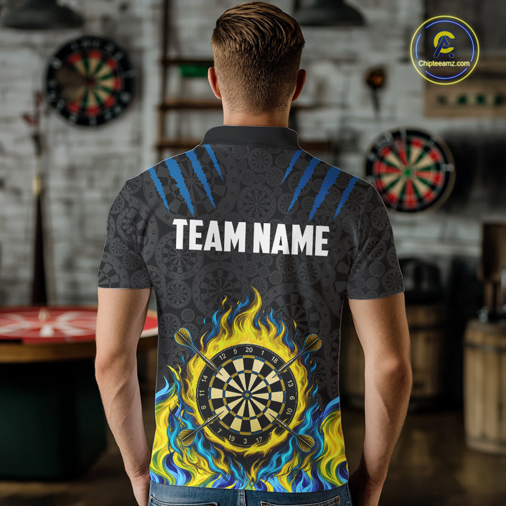 Custom Fire Flame Dartboard Darts Polo 1/4-Zip Shirt For Men Blue & Yellow Flames Darts Team Jersey NYN4253