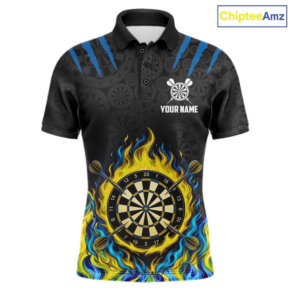 Custom Fire Flame Dartboard Darts Polo 1/4-Zip Shirt For Men Blue & Yellow Flames Darts Team Jersey NYN4253