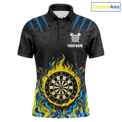 Custom Fire Flame Dartboard Darts Polo 1/4-Zip Shirt For Men Blue & Yellow Flames Darts Team Jersey NYN4253