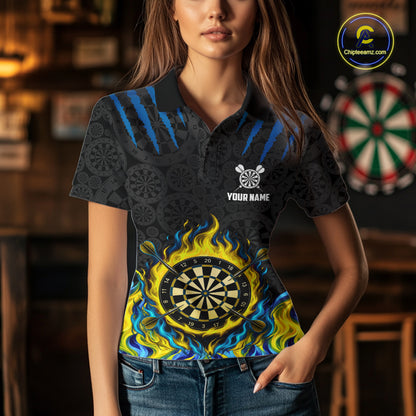 Custom Fire Flame Dartboard Darts Polo 1/4-Zip Shirt For Women Blue & Yellow Flames Darts Team Jersey NYN4253