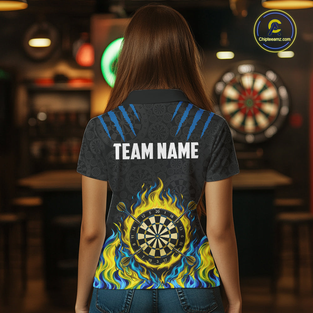 Custom Fire Flame Dartboard Darts Polo 1/4-Zip Shirt For Women Blue & Yellow Flames Darts Team Jersey NYN4253