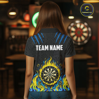 Custom Fire Flame Dartboard Darts Polo 1/4-Zip Shirt For Women Blue & Yellow Flames Darts Team Jersey NYN4253