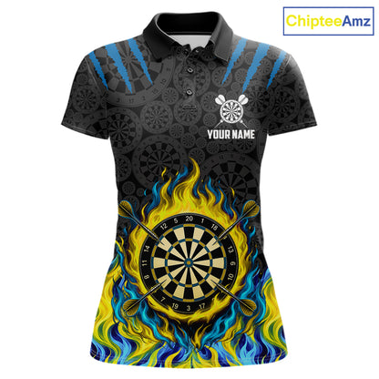 Custom Fire Flame Dartboard Darts Polo 1/4-Zip Shirt For Women Blue & Yellow Flames Darts Team Jersey NYN4253