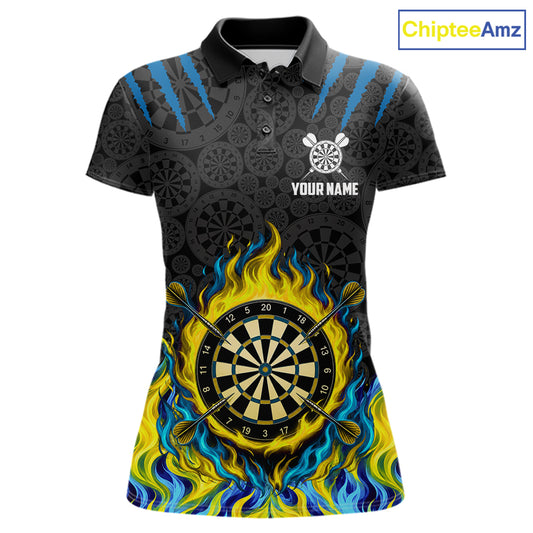Custom Fire Flame Dartboard Darts Polo 1/4-Zip Shirt For Women Blue & Yellow Flames Darts Team Jersey NYN4253