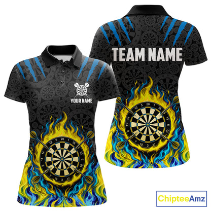 Custom Fire Flame Dartboard Darts Polo 1/4-Zip Shirt For Women Blue & Yellow Flames Darts Team Jersey NYN4253