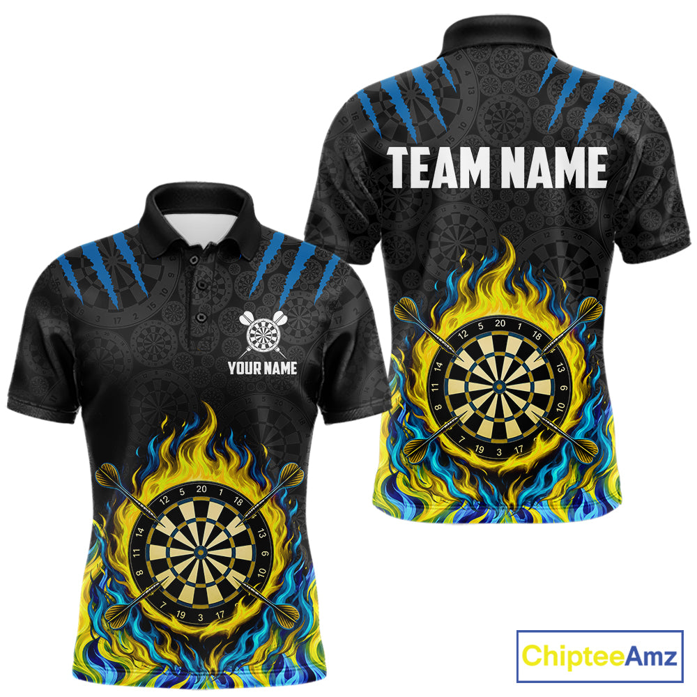 Custom Fire Flame Dartboard Darts Polo 1/4-Zip Shirt For Men Blue & Yellow Flames Darts Team Jersey NYN4253