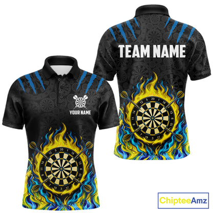 Custom Fire Flame Dartboard Darts Polo 1/4-Zip Shirt For Men Blue & Yellow Flames Darts Team Jersey NYN4253