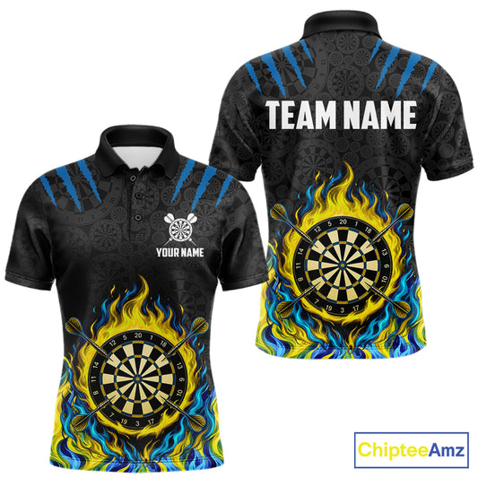 Custom Fire Flame Dartboard Darts Polo 1/4-Zip Shirt For Men Blue & Yellow Flames Darts Team Jersey NYN4253