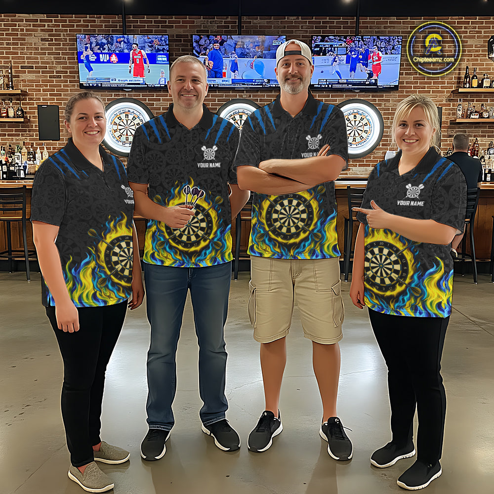 Custom Fire Flame Dartboard Darts Polo 1/4-Zip Shirt For Men Blue & Yellow Flames Darts Team Jersey NYN4253