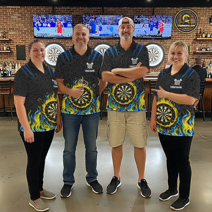 Custom Fire Flame Dartboard Darts Polo 1/4-Zip Shirt For Men Blue & Yellow Flames Darts Team Jersey NYN4253