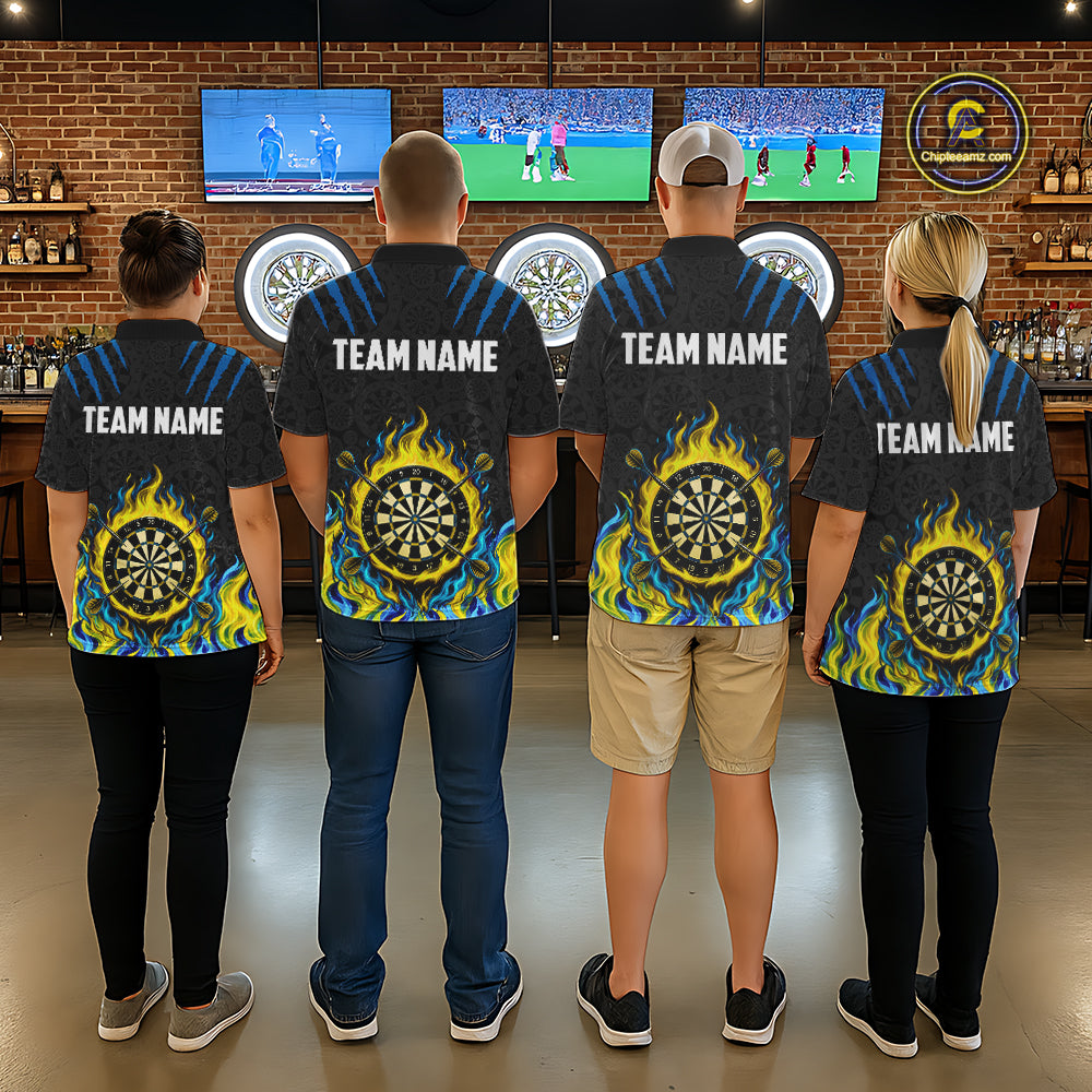 Custom Fire Flame Dartboard Darts Polo 1/4-Zip Shirt For Men Blue & Yellow Flames Darts Team Jersey NYN4253