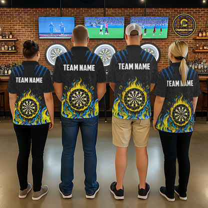 Custom Fire Flame Dartboard Darts Polo 1/4-Zip Shirt For Men Blue & Yellow Flames Darts Team Jersey NYN4253