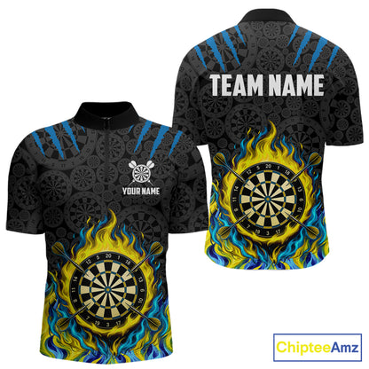 Custom Fire Flame Dartboard Darts Polo 1/4-Zip Shirt For Men Blue & Yellow Flames Darts Team Jersey NYN4253