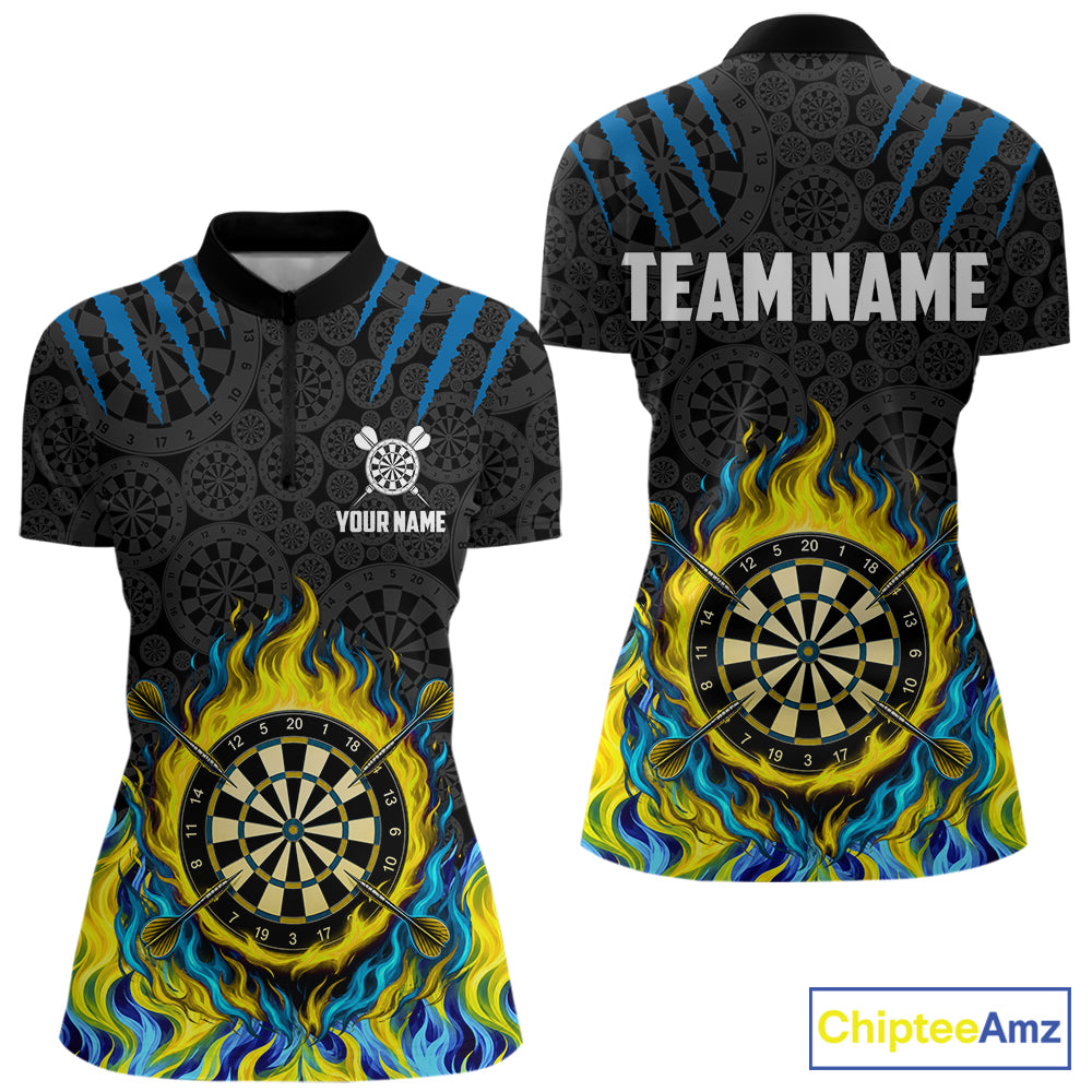 Custom Fire Flame Dartboard Darts Polo 1/4-Zip Shirt For Women Blue & Yellow Flames Darts Team Jersey NYN4253