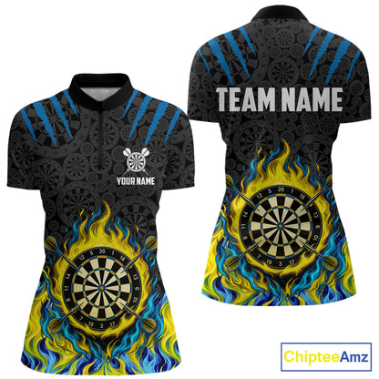 Custom Fire Flame Dartboard Darts Polo 1/4-Zip Shirt For Women Blue & Yellow Flames Darts Team Jersey NYN4253