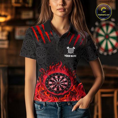 Custom Fire Flame Dartboard Darts Polo 1/4-Zip Shirt For Women Red Flames Darts Team Jersey NYN4254