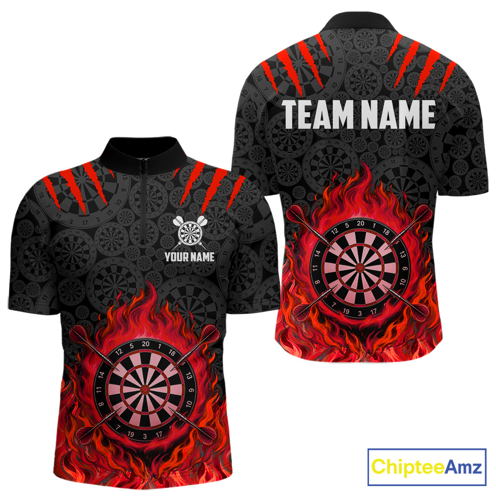 Custom Fire Flame Dartboard Darts Polo 1/4-Zip Shirt For Men Red Flames Darts Team Jersey NYN4254