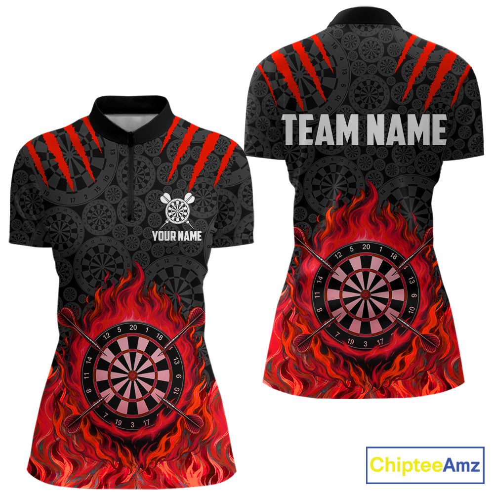 Custom Fire Flame Dartboard Darts Polo 1/4-Zip Shirt For Women Red Flames Darts Team Jersey NYN4254