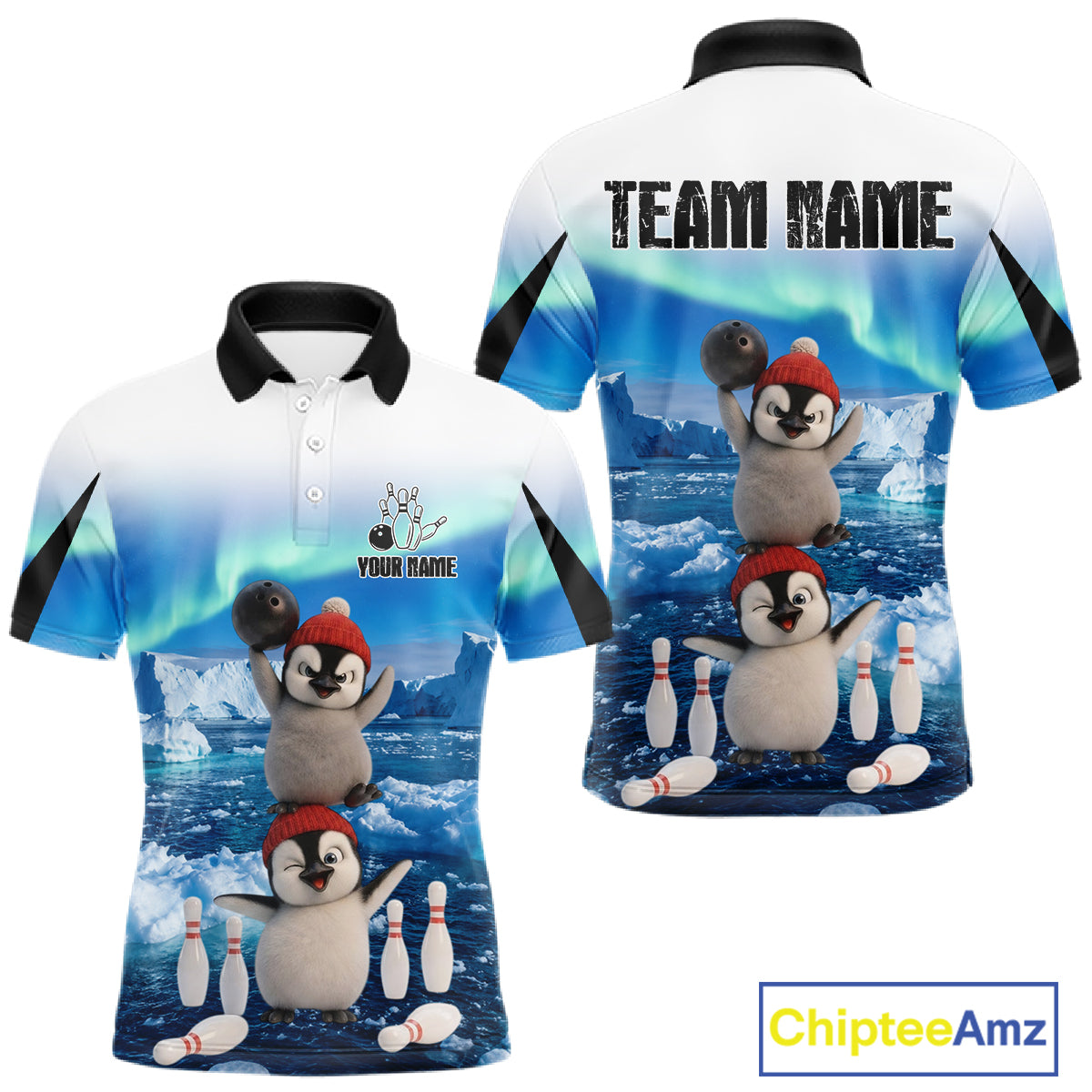 Funny Penguin Duo Men's Bowling Shirt Custom Name Iceberg Bowling Polo & Quarter-Zip Jersey|Blue NYN4261
