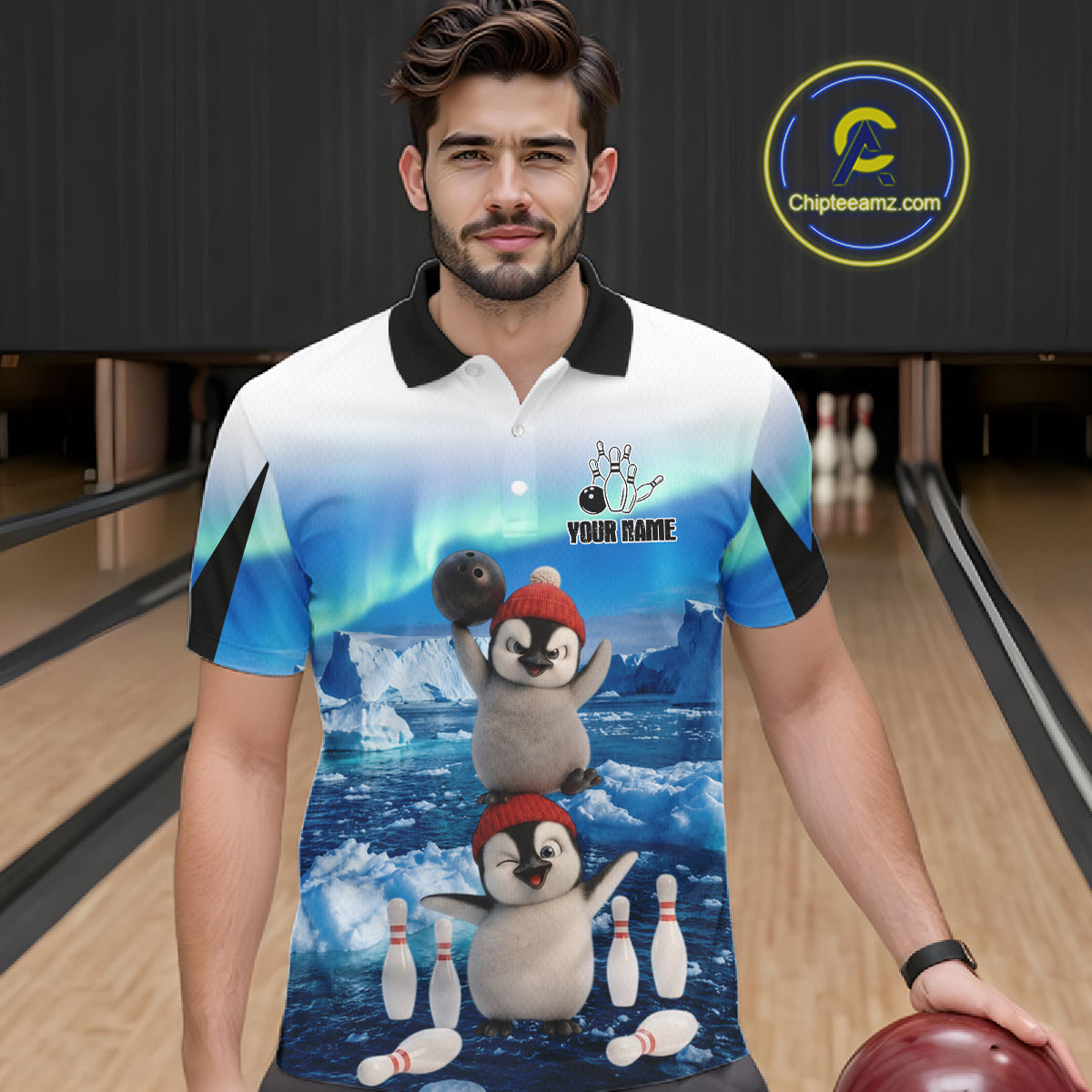 Funny Penguin Duo Men's Bowling Shirt Custom Name Iceberg Bowling Polo & Quarter-Zip Jersey|Blue NYN4261