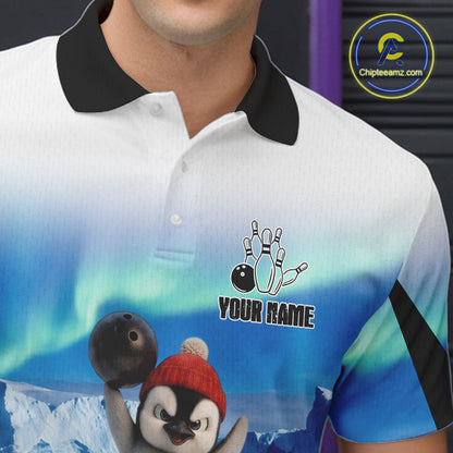 Funny Penguin Duo Men's Bowling Shirt Custom Name Iceberg Bowling Polo & Quarter-Zip Jersey|Blue NYN4261