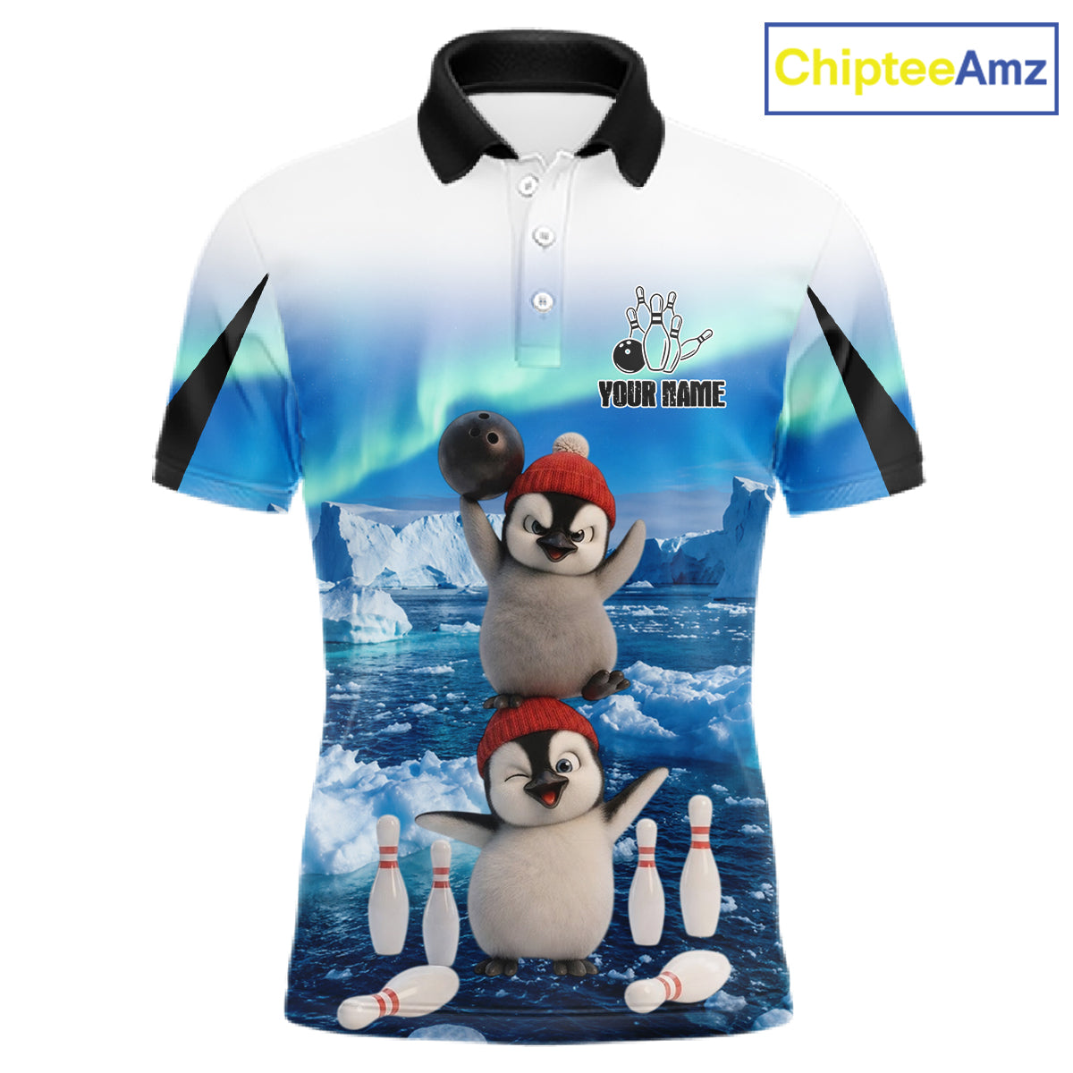 Funny Penguin Duo Men's Bowling Shirt Custom Name Iceberg Bowling Polo & Quarter-Zip Jersey|Blue NYN4261