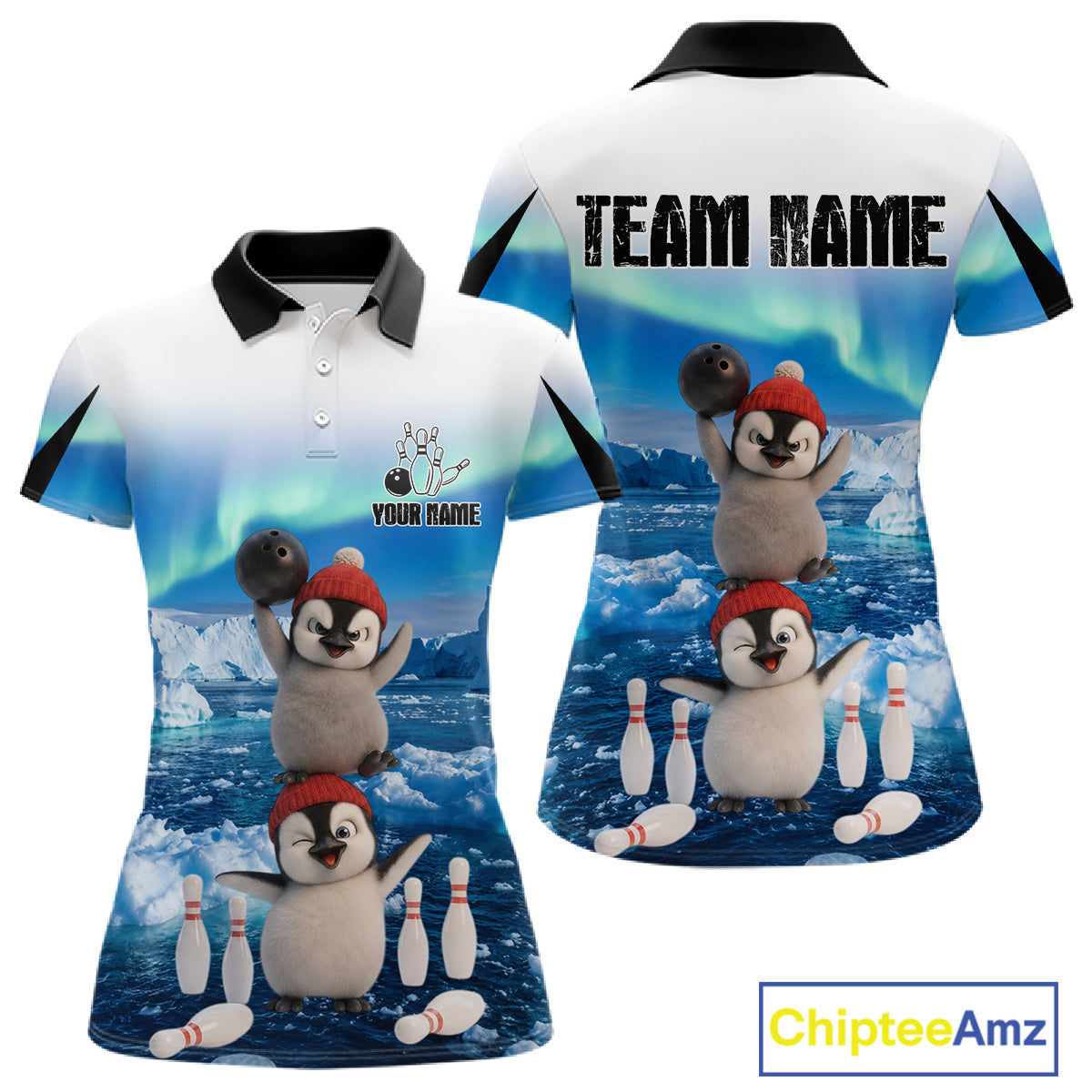 Funny Penguin Duo Women Bowling Shirt Custom Name Iceberg Bowling Polo & Quarter-Zip Jersey|Blue NYN4261