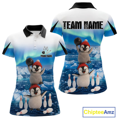 Funny Penguin Duo Women Bowling Shirt Custom Name Iceberg Bowling Polo & Quarter-Zip Jersey|Blue NYN4261