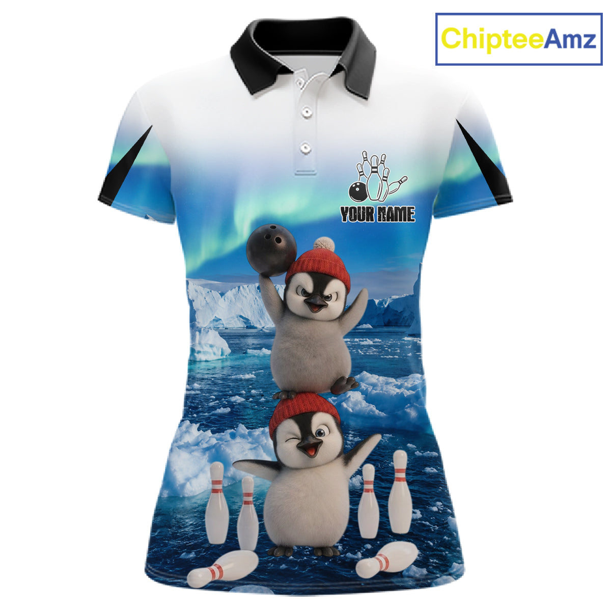 Funny Penguin Duo Women Bowling Shirt Custom Name Iceberg Bowling Polo & Quarter-Zip Jersey|Blue NYN4261
