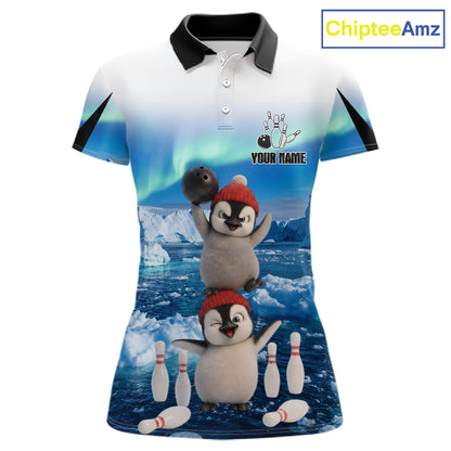 Funny Penguin Duo Women Bowling Shirt Custom Name Iceberg Bowling Polo & Quarter-Zip Jersey|Blue NYN4261