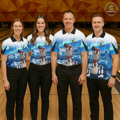 Funny Penguin Duo Men's Bowling Shirt Custom Name Iceberg Bowling Polo & Quarter-Zip Jersey|Blue NYN4261