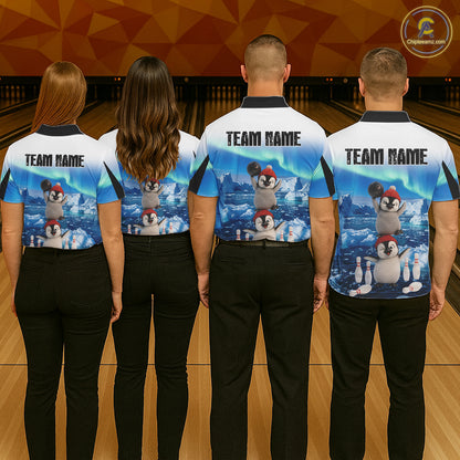 Funny Penguin Duo Men's Bowling Shirt Custom Name Iceberg Bowling Polo & Quarter-Zip Jersey|Blue NYN4261