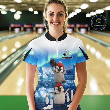 Funny Penguin Duo Women Bowling Shirt Custom Name Iceberg Bowling Polo & Quarter-Zip Jersey|Blue NYN4261