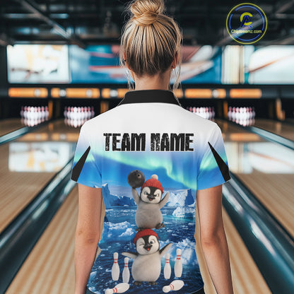 Funny Penguin Duo Women Bowling Shirt Custom Name Iceberg Bowling Polo & Quarter-Zip Jersey|Blue NYN4261